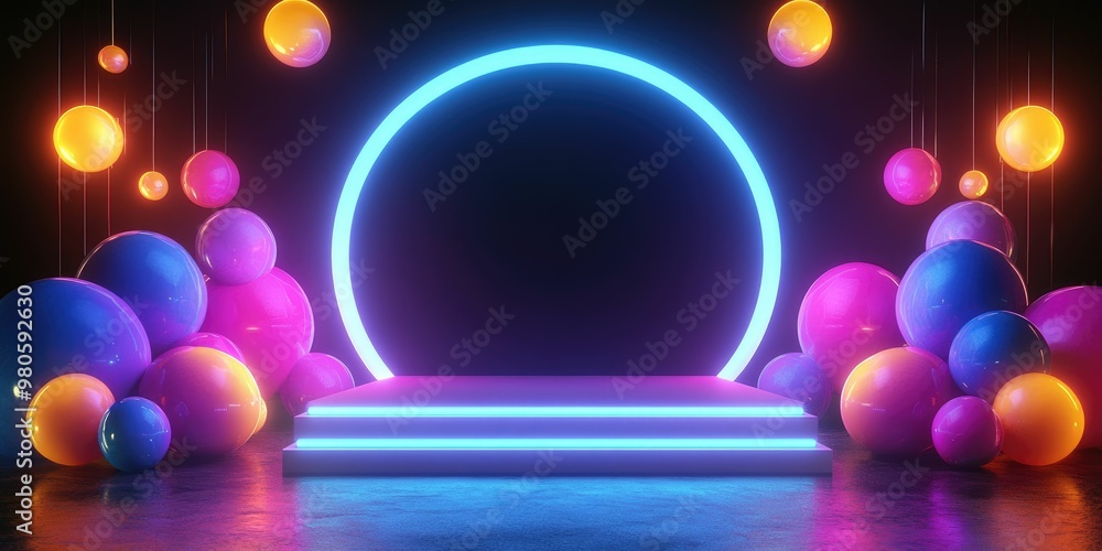 Poster a vibrant stage setup with glowing spheres and neon lights.