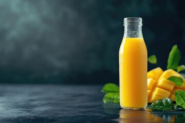 A Glass Bottle Filled with Fresh Mango Juice on a Dark Background