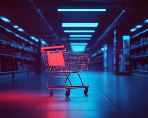A vibrant, neon-lit shopping cart placed in a grocery aisle, creating a striking and modern retail atmosphere.