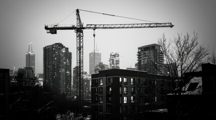 Fototapeta premium Urban Construction: Crane Lifting Building Blocks, Cityscape with Towering Buildings
