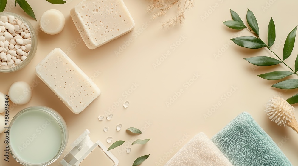 Poster spa essentials arranged neatly on a light background with soap, towels, and natural elements for a r