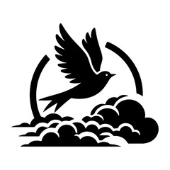 Bird flying through clouds, vector silhouette, On a White Background