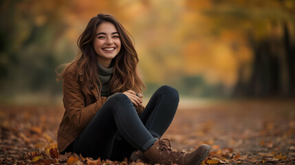 A beautiful young woman sitting on the ground, laughing in an autumn park.