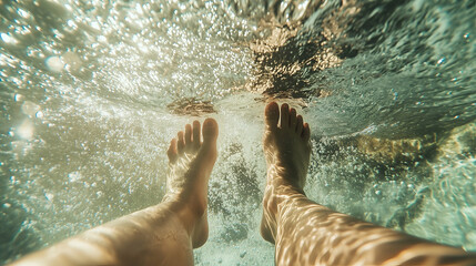A close-up of two feet standing in the water, a point-of-view shot from below looking down at their toes.