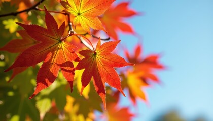 Close-up of Vibrant Autumn Leaves in Various Stages of Color Change, from Green to Red, Set Against a Crisp Blue Sky