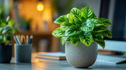 Lush green plant sits in a stylish pot on a modern home office desk, adding a touch of nature