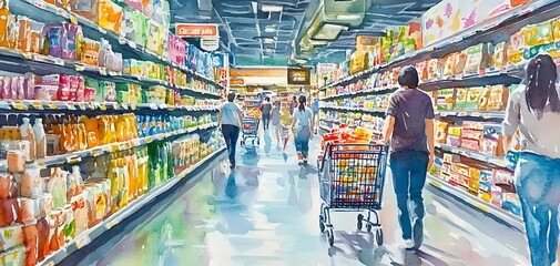 A vibrant grocery aisle with shoppers and colorful product displays, capturing the essence of a bustling market environment.