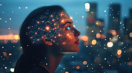 "Dreamy Portrait of a Woman with a Cosmic Mindset in a Cityscape"