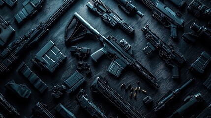 "Collection of Firearms and Tactical Equipment on Dark Background"