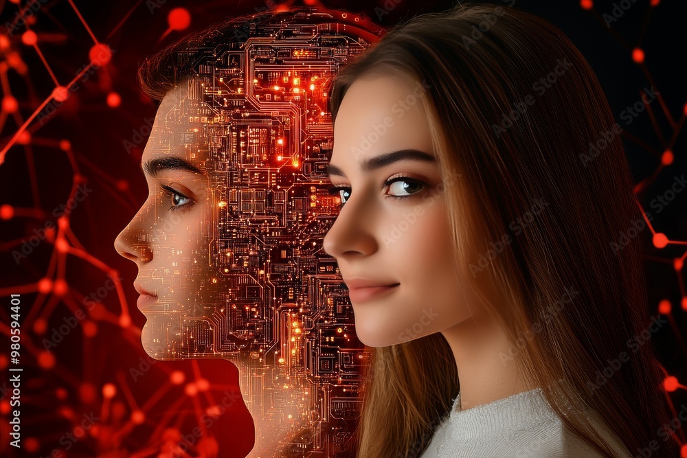 Poster dual exposure of a man and woman’s faces with glowing neural networks symbolizing the connection bet