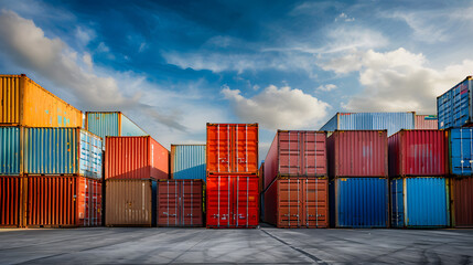 Fototapeta premium Multi-colored cargo containers on the pier of a cargo logistics port. AI Generated