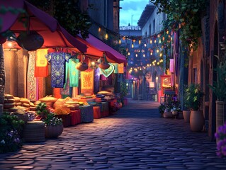 A vibrant street market at dusk, adorned with colorful lights and rich textiles, inviting visitors to explore its charm.
