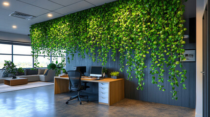 Inspiring and refreshing office interior with a modern touch, highlighted by a lush green wall and cascading plants