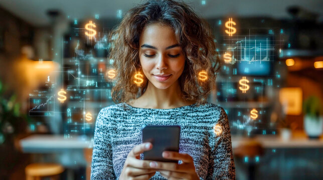Businesswoman using a smartphone with augmented reality graphics displaying currency icons and graphs - Powered by Adobe