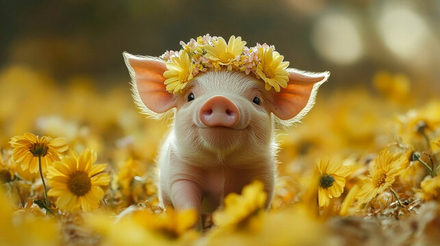 Adorable baby pig smiling and wearing a crown of yellow flowers in a field of similar flowers
