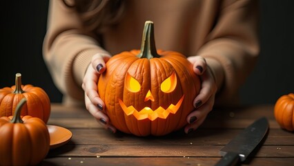 close-up of the girl's hands, a warm knitted sweater. They're holding a pumpkin. Preparing for Halloween. carving. jack o pumpkin lantern