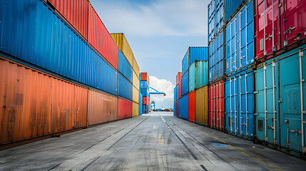Fototapeta premium Multi-colored cargo containers on the pier of a cargo logistics port. AI Generated