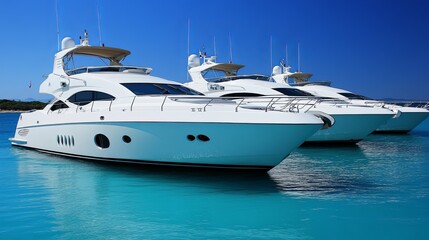 Fototapeta premium A serene scene featuring luxurious yachts anchored in clear blue waters under a bright sky.