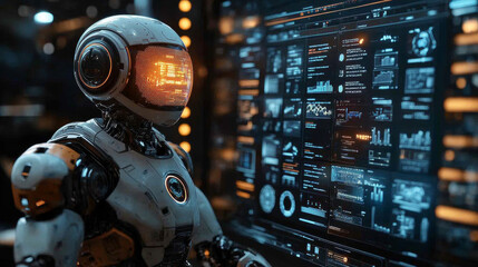 In a futuristic setting, an advanced humanoid robot is processing data from multiple screens