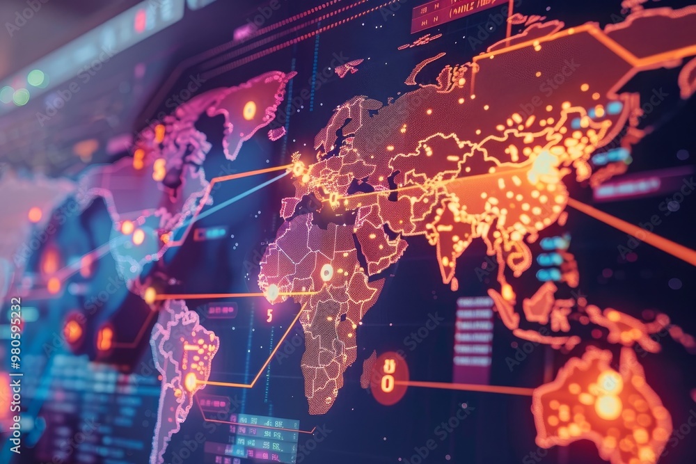 Aufkleber A world map illuminated by digital data points, representing global connectivity and the modern network of communication and cybersecurity in a technology-driven world.