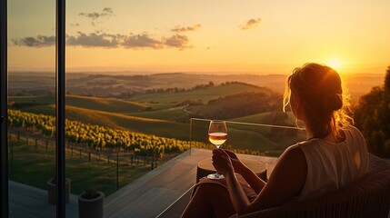 Fototapeta premium A serene sunset view over vineyards with a person enjoying a drink.