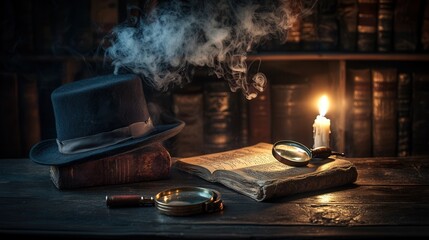 Mysterious Study with Candle and Magnifying Glass