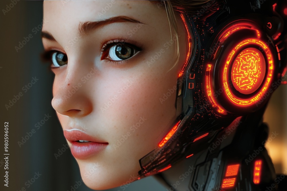 Poster close up of a young woman with glowing neural circuitry symbolizing the integration of artificial in