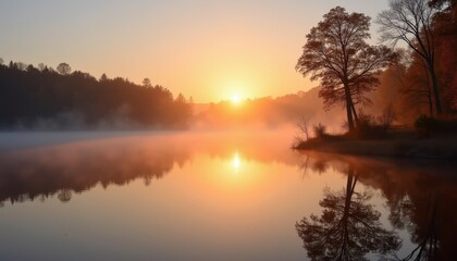 Obraz premium Beautiful Fall Sunrise Over a Tranquil Lake with Mist Rising from the Water and Trees Reflected in the Calm Surface