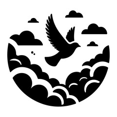 Bird flying through clouds, vector silhouette, On a White Background