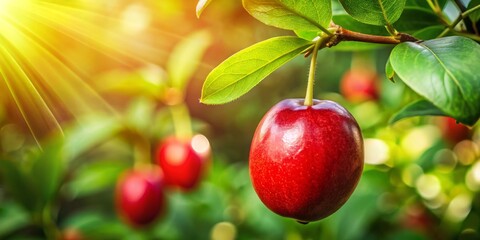Obraz premium A vibrant red fruit hangs from a branch, its smooth skin glistening in the sunlight, surrounded by lush green leaves