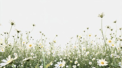 Expansive field of blooming chamomile flowers under a clear sky, with a vibrant mix of green stems and white petals creating a peaceful scene.