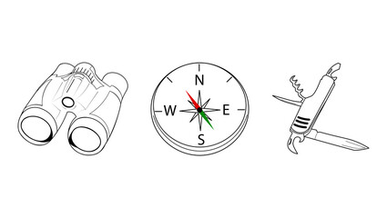 Illustration of a camping kit: binoculars, compass and foldingknife.