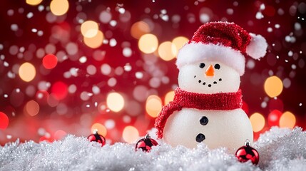 Fototapeta premium A cheerful snowman wearing a red scarf and hat stands against a festive, blurred background of red and golden lights.