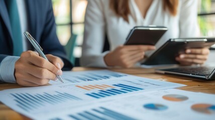 Business founders analyzing gross margin projections for an eCommerce business, financial plans on display