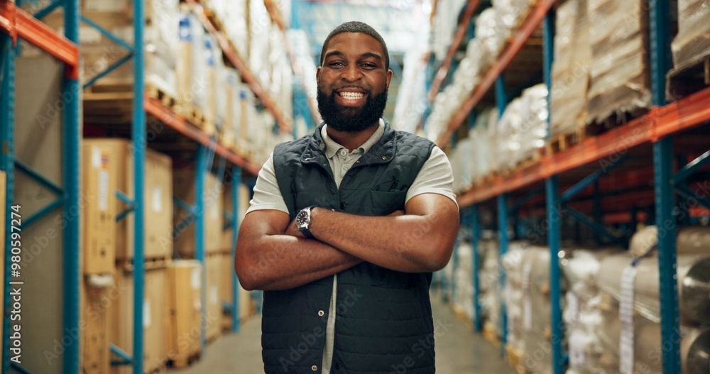 Canvas Prints Portrait, confident and black man at warehouse for distribution, logistics industry and package inventory. Worker, arms crossed and inspection for supply chain, freight and transport of production