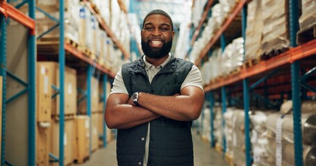 Portrait, confident and black man at warehouse for distribution, logistics industry and package...