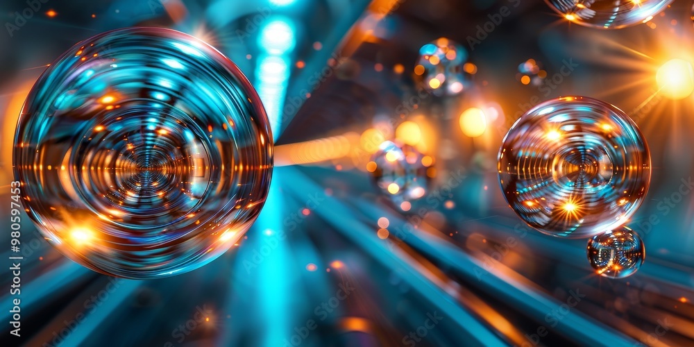 Poster Futuristic abstract composition with metallic spheres and dynamic light effects, representing digital connectivity and technological innovation in a high-tech environment.
