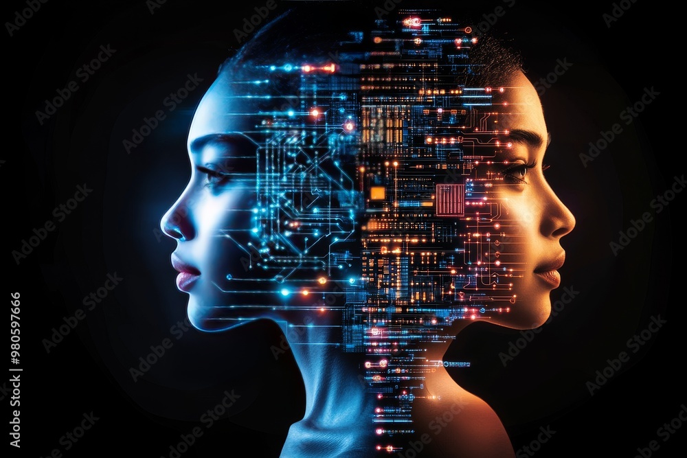 Wall mural close up of two humanoid robots with glowing neural circuits symbolizing artificial intelligence cog