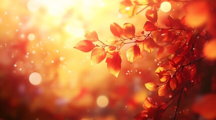 Fototapeta premium Autumn leaves gently fall to the ground, creating a vibrant carpet of red and orange hues. The golden sunlight filters through the trees, illuminating the scene with a warm, dreamy glow.