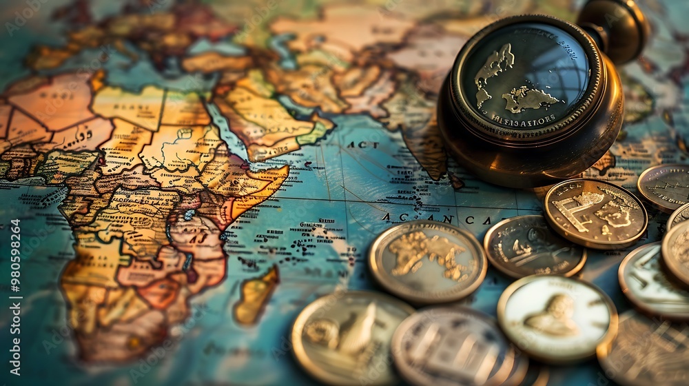 Poster close-up view of a world map with a compass and coins, symbolizing travel and exploration.
