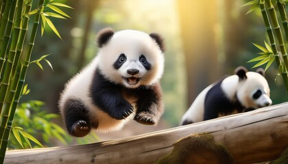 Fototapeta premium Playful panda cub leaps on log