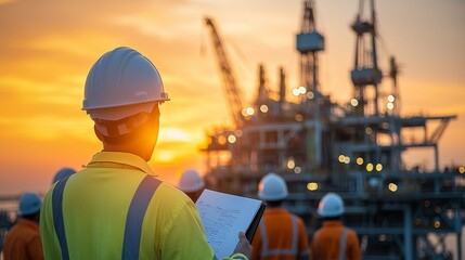 A construction worker observes an oil rig during sunset, showcasing dedication and safety in the energy industry.