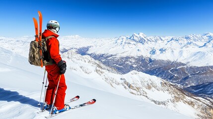 A skier in red gear stands on a snowy mountain peak, gazing at the breathtaking landscape under a clear blue sky.