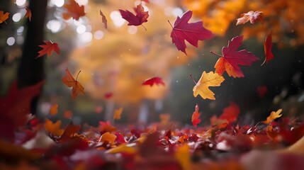 Autumn leaves gently fall to the ground, creating a vibrant carpet of red and orange hues. The golden sunlight filters through the trees, illuminating the scene with a warm, dreamy glow.