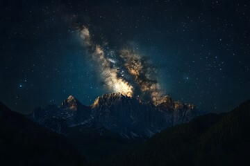 Starry sky, Milky Way galaxy at the center of the frame, dark background