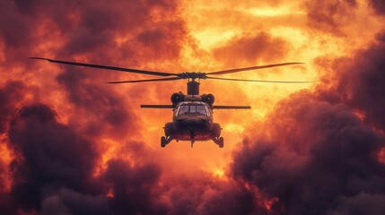 "Military Helicopter Flying Through Dramatic Clouds at Sunset"