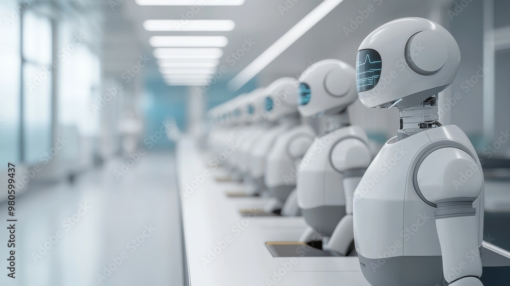 Poster a line of humanoid robots stand in a modern, white factory setting.