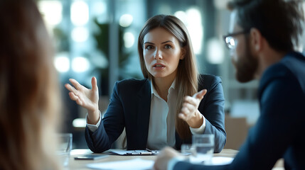 Mediator calming down two negotiators during a heated business argument, conflict resolution, negotiation management 