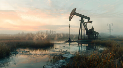 Rigs and other equipment as part of an oil production complex. AI Generated