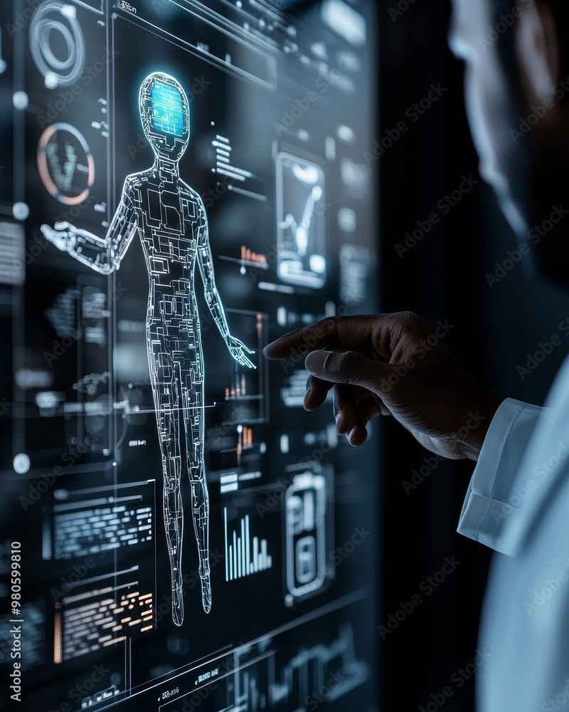Poster a scientist interacts with a digital human hologram on a futuristic interface. the interface display